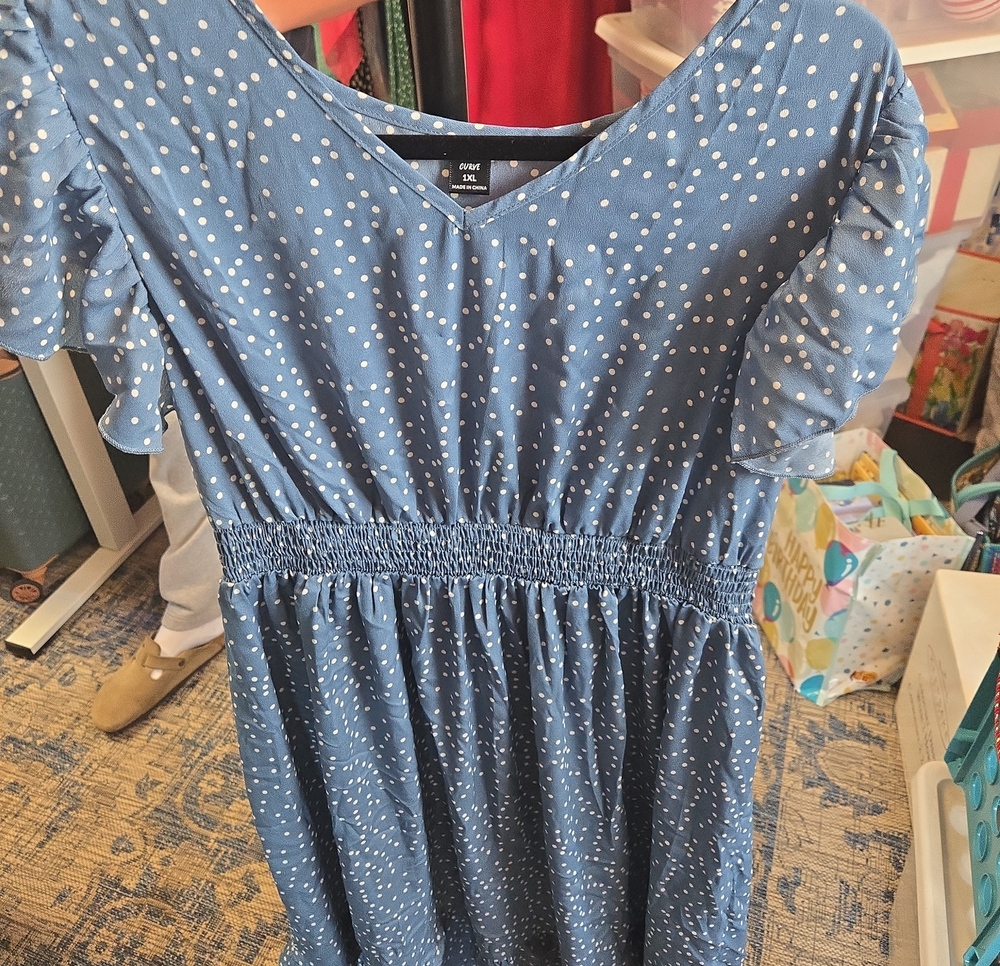 SHEIN Blue Dot Smocked Waist Flutter Sleeve Dress